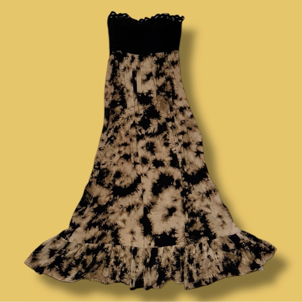 Anthropologie Black and Tan Faded Rose Strapless Maxi Dress - Picture 3 of 16